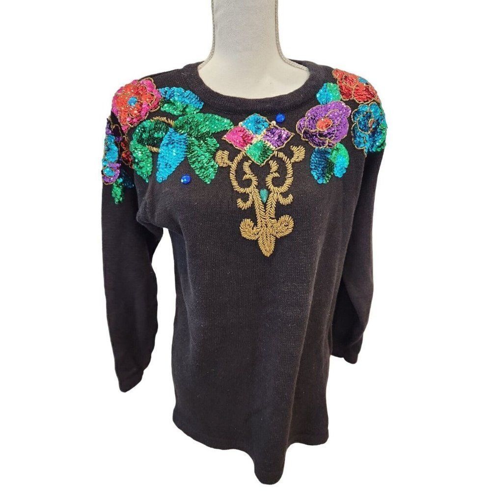 Vintage 80s SML Glitz Black Sequins Floral Pullover Sweater M Blue Red Purple